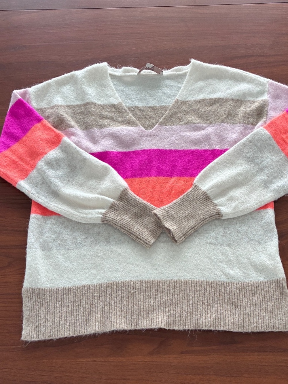 LOFT Cream & Orange & Pink Striped VNeck Sweater Size M